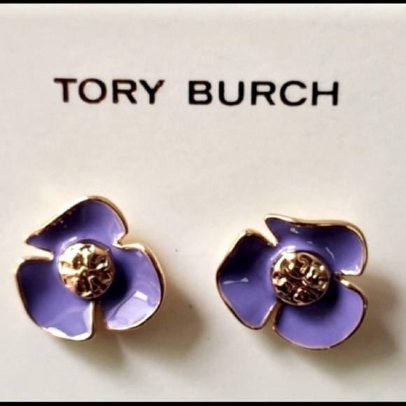 🆕 Tory Burch Authentic Small Purple Resin Fleur & Gold Tone Logo Stud Earrings - Picture 4 of 8